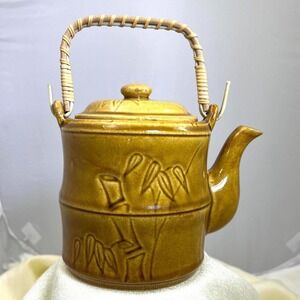 Nevco Pottery Teapot Bamboo Ceramic Gold-toned Glaze Made in Taiwan  (3432)